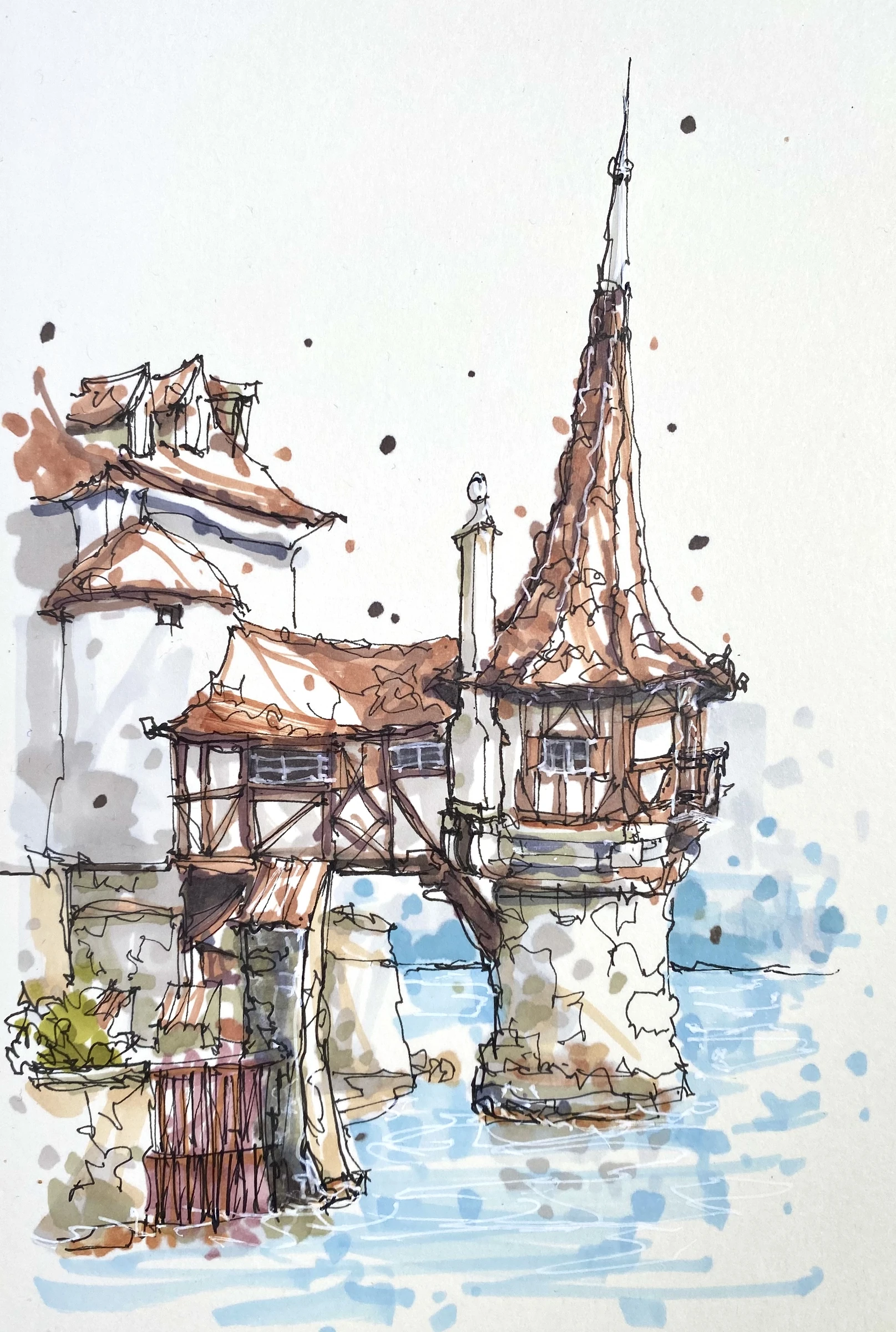 Watercolor study of a seaside fort, Europe