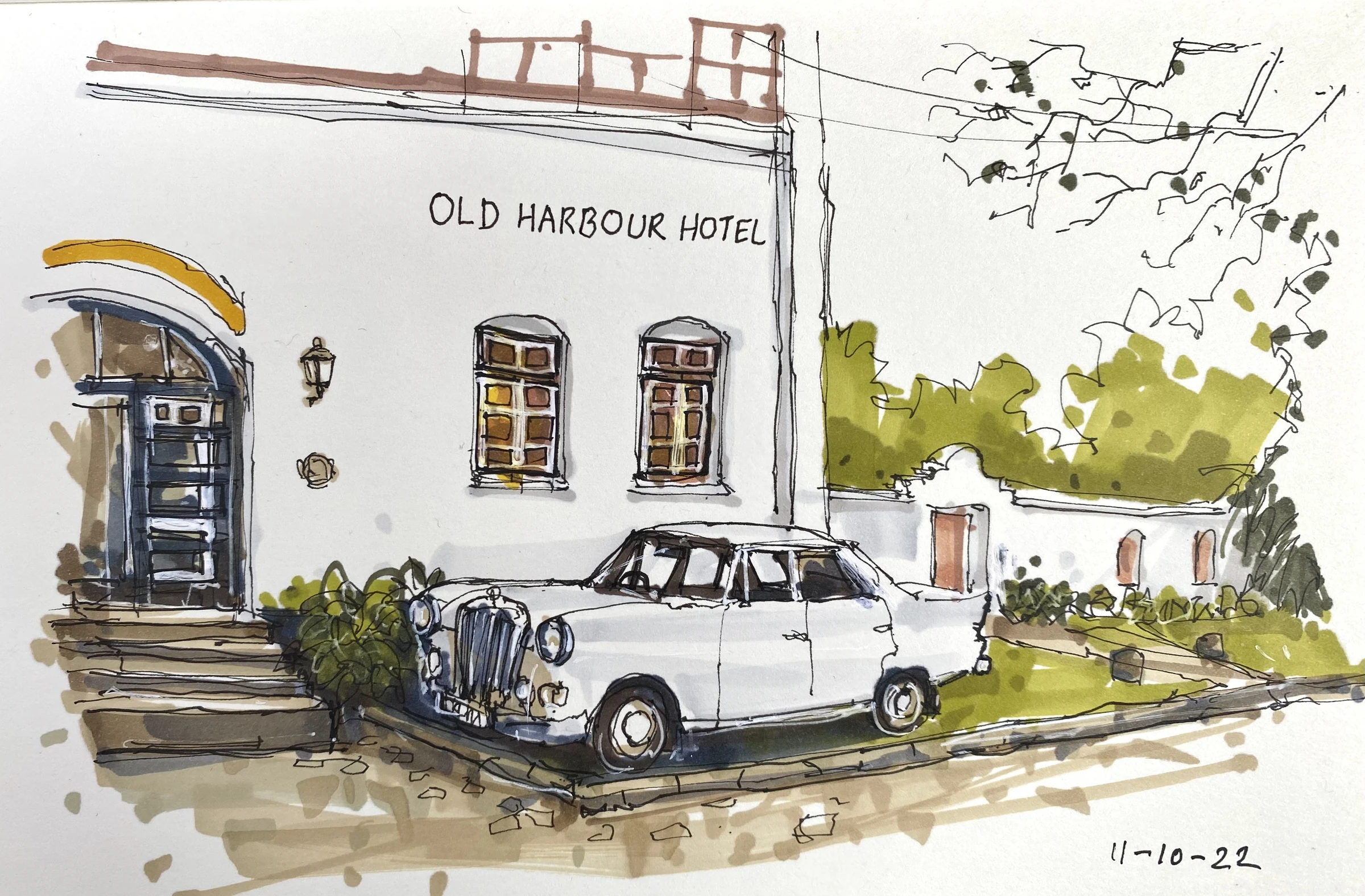 Watercolor study of the Old Harbour Hotel, Fort Kochi