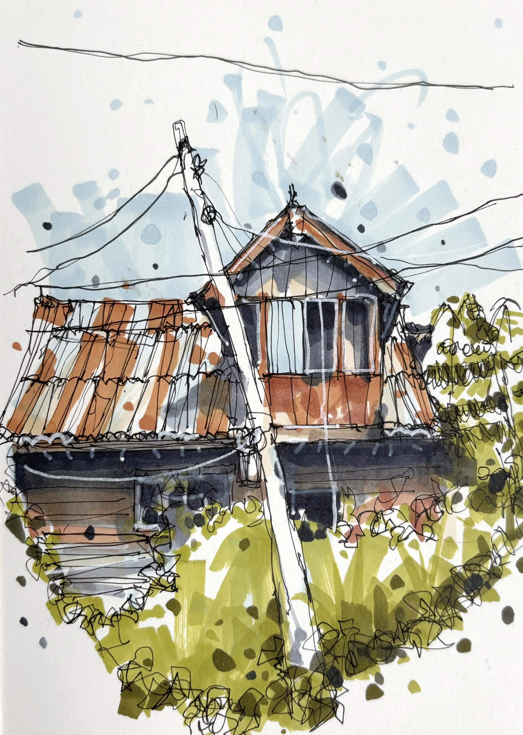 Watercolor study of a house in Kashmir